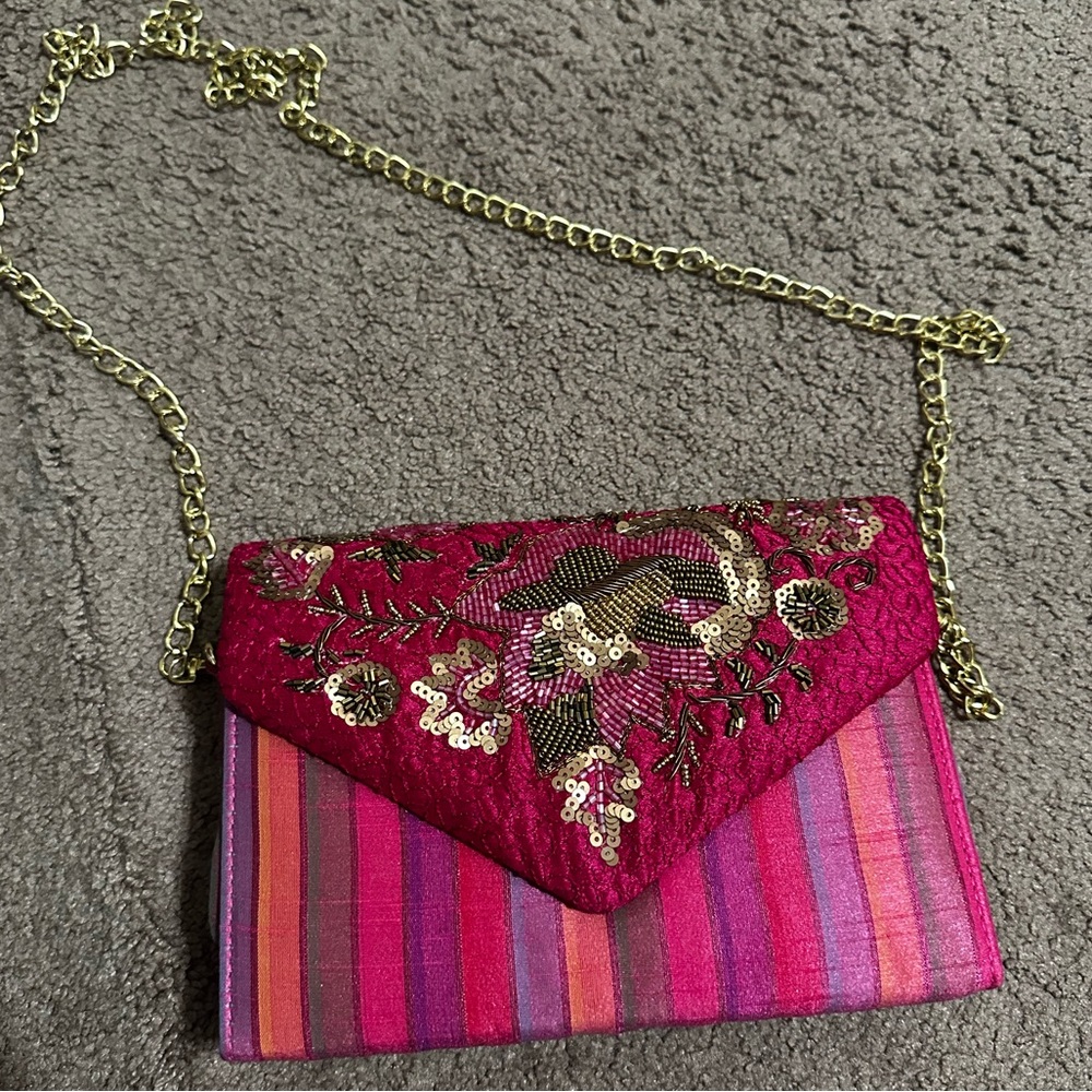 Embroidered and beaded sequin embellished pink multicolor party purse